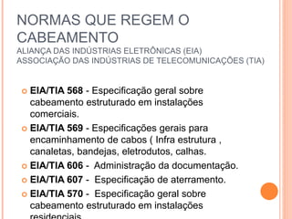 NORMAS QUE REGEM O
CABEAMENTO
ALIANÇA DAS INDÚSTRIAS ELETRÔNICAS (EIA)
ASSOCIAÇÃO DAS INDÚSTRIAS DE TELECOMUNICAÇÕES (TIA)
 EIA/TIA 568 - Especificação geral sobre
cabeamento estruturado em instalações
comerciais.
 EIA/TIA 569 - Especificações gerais para
encaminhamento de cabos ( Infra estrutura ,
canaletas, bandejas, eletrodutos, calhas.
 EIA/TIA 606 - Administração da documentação.
 EIA/TIA 607 - Especificação de aterramento.
 EIA/TIA 570 - Especificação geral sobre
cabeamento estruturado em instalações
 