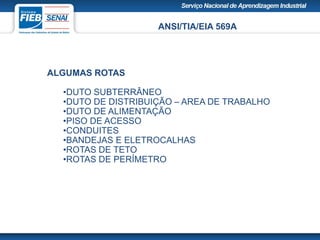 ANSI/TIA/EIA 569A
ALGUMAS ROTAS
•DUTO SUBTERRÂNEO
•DUTO DE DISTRIBUIÇÃO – AREA DE TRABALHO
•DUTO DE ALIMENTAÇÃO
•PISO DE ACESSO
•CONDUITES
•BANDEJAS E ELETROCALHAS
•ROTAS DE TETO
•ROTAS DE PERÍMETRO
 