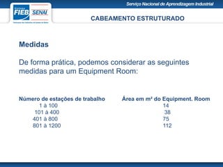 CABEAMENTO ESTRUTURADO
Medidas
De forma prática, podemos considerar as seguintes
medidas para um Equipment Room:
Número de estações de trabalho Área em m² do Equipment. Room
1 à 100 14
101 à 400 38
401 à 800 75
801 à 1200 112
 