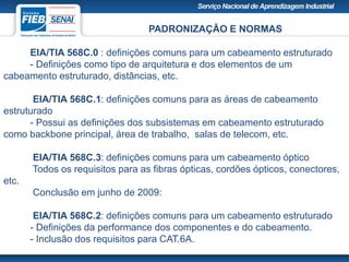 PADRONIZAÇÃO E NORMAS
EIA/TIA 568C.0 : definições comuns para um cabeamento estruturado
- Definições como tipo de arquitetura e dos elementos de um
cabeamento estruturado, distâncias, etc.
EIA/TIA 568C.1: definições comuns para as áreas de cabeamento
estruturado
- Possui as definições dos subsistemas em cabeamento estruturado
como backbone principal, área de trabalho, salas de telecom, etc.
EIA/TIA 568C.3: definições comuns para um cabeamento óptico
Todos os requisitos para as fibras ópticas, cordões ópticos, conectores,
etc.
Conclusão em junho de 2009:
EIA/TIA 568C.2: definições comuns para um cabeamento estruturado
- Definições da performance dos componentes e do cabeamento.
- Inclusão dos requisitos para CAT.6A.
 