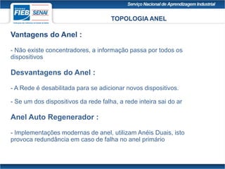TOPOLOGIA ANEL
Vantagens do Anel :
- Não existe concentradores, a informação passa por todos os
dispositivos
Desvantagens do Anel :
- A Rede é desabilitada para se adicionar novos dispositivos.
- Se um dos dispositivos da rede falha, a rede inteira sai do ar
Anel Auto Regenerador :
- Implementações modernas de anel, utilizam Anéis Duais, isto
provoca redundância em caso de falha no anel primário
 