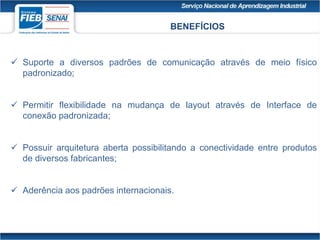 BENEFÍCIOS
 Suporte a diversos padrões de comunicação através de meio físico
padronizado;
 Permitir flexibilidade na mudança de layout através de Interface de
conexão padronizada;
 Possuir arquitetura aberta possibilitando a conectividade entre produtos
de diversos fabricantes;
 Aderência aos padrões internacionais.
 