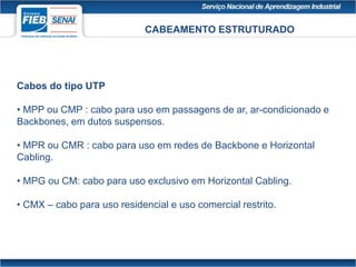CABEAMENTO ESTRUTURADO
Cabos do tipo UTP
• MPP ou CMP : cabo para uso em passagens de ar, ar-condicionado e
Backbones, em dutos suspensos.
• MPR ou CMR : cabo para uso em redes de Backbone e Horizontal
Cabling.
• MPG ou CM: cabo para uso exclusivo em Horizontal Cabling.
• CMX – cabo para uso residencial e uso comercial restrito.
 