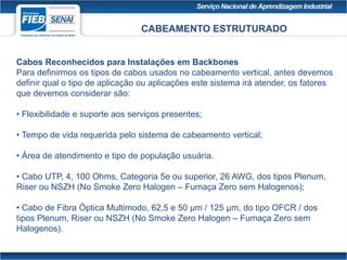 CABEAMENTO ESTRUTURADO
Cabos Reconhecidos para Instalações em Backbones
Para definirmos os tipos de cabos usados no cabeamento vertical, antes devemos
definir qual o tipo de aplicação ou aplicações este sistema irá atender, os fatores
que devemos considerar são:
• Flexibilidade e suporte aos serviços presentes;
• Tempo de vida requerida pelo sistema de cabeamento vertical;
• Área de atendimento e tipo de população usuária.
• Cabo UTP, 4, 100 Ohms, Categoria 5e ou superior, 26 AWG, dos tipos Plenum,
Riser ou NSZH (No Smoke Zero Halogen – Fumaça Zero sem Halogenos);
• Cabo de Fibra Óptica Multimodo, 62,5 e 50 μm / 125 μm, do tipo OFCR / dos
tipos Plenum, Riser ou NSZH (No Smoke Zero Halogen – Fumaça Zero sem
Halogenos).
 