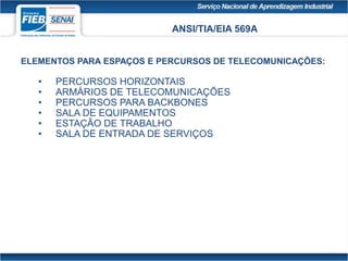ANSI/TIA/EIA 569A
ELEMENTOS PARA ESPAÇOS E PERCURSOS DE TELECOMUNICAÇÕES:
• PERCURSOS HORIZONTAIS
• ARMÁRIOS DE TELECOMUNICAÇÕES
• PERCURSOS PARA BACKBONES
• SALA DE EQUIPAMENTOS
• ESTAÇÃO DE TRABALHO
• SALA DE ENTRADA DE SERVIÇOS
 