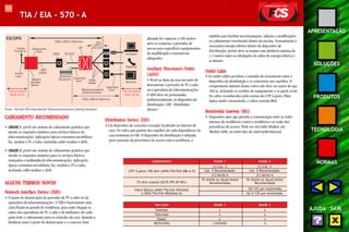 114 
APRESENTAÇÃO 
SOLUÇÕES 
PRODUTOS 
TECNOLOGIA 
NORMAS 
AJUDA SAIR 
TIA / EIA - 570 - A 
ESCOPO 
Fonte: TIA/EIA-570-A Residential Telecommunications Cabling Standard 
CABEAMENTO RECOMENDADO 
• GRADE 1: provê um sistema de cabeamento genérico que 
atende os requisitos mínimos para serviços básicos de 
telecomunicações. Aplicações típicas consistem em telefone, 
fax, modem e TV a Cabo, incluindo cable modem e xDSL. 
• GRADE 2: provê um sistema de cabeamento genérico que 
atende os requisitos mínimos para os serviços básicos, 
avançados e multimídia de telecomunicações. Aplicações 
típicas consistem em telefone, fax, modem e TV a Cabo, 
incluindo cable modem e xDSL. 
ALGUNS TERMOS NOVOS 
Network Interface Device (NID) 
• O ponto de demarcação do provedor de TV a cabo ou da 
operadora de telecomunicações. O NID é basicamente uma 
caixa fixada na parede da residência, para onde chegam os 
cabos das operadoras de TV a cabo e de telefonia e de onde 
parte todo o cabeamento para os cômodos da casa. Quando a 
distância entre o ponto de demarcação e o conector mais 
afastado for superior a 100 metros 
deve-se contactar o provedor de 
acesso para especificar equipamentos 
de amplificação e transmissão 
adequados. 
Auxiliary Disconnect Outlet 
(ADO) 
• Provê ao dono da casa um meio de 
desconectar o provedor de TV a cabo 
ou a operadora de telecomunicações. 
O ADO deve ser posicionado, 
preferencialmente, no dispositivo de 
distribuição ( DD - Distribuitor 
Device) 
Distribution Device (DD) 
• Um dispositivo de conexões cruzadas localizado no interior da 
casa. Os cabos que partem dos espelhos de cada dependência da 
casa terminam no DD. O dispositivo de distribuição é utilizado 
para conexões de provedores de acesso com a residência, e 
também para facilitar movimentações, adições e modificações 
no cabeamento estruturado dentro da mesma. Normalmente é 
necessário energia elétrica dentro do dispositivo de 
distribuição, porém deve-se manter uma distância mínima de 
1,5 metros entre as tubulações de cabos de energia elétrica e 
as demais. 
Outlet Cable 
• Os outlet cables provêem o caminho de transmissão entre o 
dispositivo de distribuição e os conectores nos espelhos. O 
comprimento máximo destes cabos não deve ser maior do que 
100 m, incluindo os cordões de equipamento e os patch cords. 
Os cabos reconhecidos pela norma são UTP 4 pares, fibra 
óptica multi e monomodo, e cabos coaxiais RG6. 
Residential Gateway (RG) 
• Dispositivo ativo que permite a comunicação entre as redes 
internas da residência e entre a residência e as redes dos 
provedores de acesso. Pode ser um Cable Modem, um 
Modem xDSL, ou outro tipo de Gateway Residencial. 
Cabeamento Grade 1 Grade 2 
UTP 4 pares 100 ohm (ANSI/TIA/EIA-586-A-5) 
(1) Cat. 3 (1) Cat. 5 
Cat. 5 Recomendado Cat. 5 Recomendado 
(1) Series 6 (1) Series 6 
75 ohm coaxial (SCTE-IPS-SP-001) 
Tri-shield ou Quad-shield Tri-shield ou Quad-shield 
Recomendado Recomendado 
Fibra Óptica (ANSI/TIA/EIA-492AAAC - 50/125 μm multimodo 
e ANSI/TIA/EIA-492AAAA-A) - 62,5/125 μm multimodo 
Serviços Grade 1 Grade 2 
Telefone x x 
Televisão x x 
Dados x x 
Multimídia Limitado x 
 