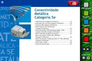 18 
APRESENTAÇÃO 
SOLUÇÕES 
PRODUTOS 
TECNOLOGIA 
NORMAS 
AJUDA SAIR 
Conectividade 
Metálica 
Categoria 5e 
• Cabo Multi-Lan® Categoria 5 Enhanced ........................ 19 
• Cabo Multi-Lan® 25 Pares Categoria 5 Enhanced ............. 20 
• Conector M8v Categoria 5 Enhanced ........................... 21 
• Patch Panel 24, 48 e 96 Posições 
Categoria 5 Enhanced ............................................. 22 
• Patch Panel SOHO 12 Posições Descarregado - E220 ............ 23 
• Adapter Cable M8v Categoria 5 Enhanced ..................... 24 
• Patch Cable M8v Categoria 5 Enhanced ........................ 25 
• Bloco de Conexão 110 IDC 100 e 300 Pares 
Categoria 5 Enhanced ............................................. 26 
• Painel de Conexão 110 IDC para Rack 19” 100 e 200 Pares 
Categoria 5 Enhanced ............................................. 27 
• Patch Cable 110 IDC ............................................... 28 
• Ícones de Identificação ........................................... 29 
 