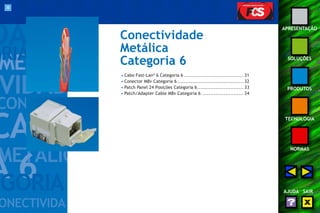 30 
APRESENTAÇÃO 
SOLUÇÕES 
PRODUTOS 
TECNOLOGIA 
NORMAS 
AJUDA SAIR 
Conectividade 
Metálica 
Categoria 6 
• Cabo Fast-Lan® 6 Categoria 6 .................................... 31 
• Conector M8v Categoria 6 ........................................ 32 
• Patch Panel 24 Posições Categoria 6............................ 33 
• Patch/Adapter Cable M8v Categoria 6 ......................... 34 
 