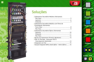 4 
APRESENTAÇÃO 
SOLUÇÕES 
PRODUTOS 
TECNOLOGIA 
NORMAS 
AJUDA SAIR 
Soluções 
• Cabeamento Secundário Metálico (Horizontal) 
– Piso Falso ........................................................... 5 
– Aparente ........................................................... 6 
– Embutido ........................................................... 7 
• Cabeamento Secundário Metálico com Ponto de 
Consolidação (Horizontal) 
– Forro Falso ......................................................... 8 
– Piso Falso ........................................................... 9 
• Cabeamento Secundário Óptico (Horizontal) 
– Aparente .......................................................... 10 
– Embutido .......................................................... 11 
– Piso Falso .......................................................... 12 
• Opções de Cabeamento Primário (Backbone) ................. 13 
• Fiber To The Desk – Diretrizes TSB 72 
– Caixa Aparente Multimídia ..................................... 14 
• Integração com Voz ............................................... 15 
• Solução Integrada SOHO (Small Office - Home Office) ...... 16 
 