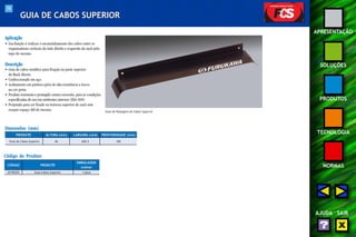 74 
APRESENTAÇÃO 
SOLUÇÕES 
PRODUTOS 
TECNOLOGIA 
NORMAS 
AJUDA SAIR 
GUIA DE CABOS SUPERIOR 
Aplicação 
• Sua função é realizar o encaminhamento dos cabos entre os 
organizadores verticais do lado direito e esquerdo do rack pelo 
topo do mesmo. 
Descrição 
• Guia de cabos metálico para fixação na parte superior 
do Rack Aberto. 
• Confeccionado em aço. 
• Acabamento em pintura epóxi de alta resistência a riscos 
na cor preta. 
• Produto resistente e protegido contra corrosão, para as condições 
especificadas de uso em ambientes internos (EIA-569). 
• Projetado para ser fixado na travessa superior do rack sem 
ocupar espaço útil do mesmo. 
Dimensões (mm) 
PRODUTO 
Guia de Cabos Superior 
Código do Produto 
ALTURA (mm) LARGURA (mm) PROFUNDIDADE (mm) 
66 604,5 100 
CÓDIGO PRODUTO 
EMBALAGEM 
(caixa) 
35150225 Guia Cabos Superior 1 peça 
Guia de Passagem de Cabos Superior 
 