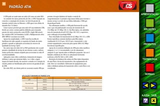 94 
APRESENTAÇÃO 
SOLUÇÕES 
PRODUTOS 
TECNOLOGIA 
NORMAS 
AJUDA SAIR 
PADRÃO ATM 
O ATM pode ser usado tanto em redes LAN como em redes WAN. 
Ao contrário de outros protocolos de LAN, o ATM é baseado em 
conexões e comutação de circuitos. Ao invés de pacotes de 
tamanho variável como no Ethernet, o ATM opera com células de 
tamanho fixo (53 bytes). 
Como é pouco provável que uma rede LAN seja totalmente ATM, 
devido aos custos, existem padrões definidos para transmitir 
pacotes de outros protocolos como IP, IPX e Apple Talk através 
dos switches ATM. LAN Emulation (LANE) e Multiprotocolo sobre 
ATM (MPOA) executam essa tarefa. 
Apesar da complexidade, o ATM é uma boa escolha de 
backbones de redes quando os requisitos de banda são muito 
grandes e quando as aplicações necessitam de recursos de 
Qualidade de Serviço (QoS). 
Em outros tipos de redes LAN ou WAN geralmente não se pode 
garantir a Qualidade de Serviço de um extremo a outro, embora 
muitos protocolos estejam surgindo para acrescentar às redes IP 
essa funcionalidade. 
Aplicações como vídeo-conferência, tratamento de imagens, 
telefonia e outras que misturam dados, voz e vídeo, exigem 
largura de banda elevada, são sensíveis a retardo ou à variação do 
retardo, podem ser beneficiadas pelos recursos de garantia de QoS 
do ATM. 
Em redes WAN, um cliente pode ter economia usando ATM que 
permite a locação dinâmica de banda e controle de 
congestionamento (e portanto exige menos linhas para executar o 
mesmo serviço) ao invés de usar linhas dedicadas e TDM que 
desperdiçam banda. 
Em cabeamento metálico, o ATM pode funcionar(de acordo 
com o que está padronizado) em taxas de transmissão de 
25,6 Mbps até 155 Mbps (OC-3). Em fibra óptica, são admitidas 
taxas de transmissão de até 9,952 Gbps (OC-192) e superiores, 
com a utilização de tecnologia WDM. 
Para velocidades de transmissão de 622 Mbps (OC-12), o ATM 
Forum especificou somente interfaces para fibra óptica 
(multimodo 62,5/125 μm e 50/125 μm, e monomodo) e não 
existem equipamentos comerciais para operar ATM a 622 Mbps 
fora dessas especificações. 
Apesar de só existirem definições de ATM para cabos metálicos 
categoria 3, 4 e 5, é recomendado o uso de cabeamento 
categoria 5e que suporta todas as definições propostas. Seu uso é 
limitado a distâncias de 100 m no cabeamento horizontal, 
conforme a EIA/TIA 568-A e ISO 11801. 
Restrições de distância dos enlaces de fibra óptica dependem 
do meio físico, da taxa de transmissão e dos equipamentos de 
rede. Deve ser consultado o fabricante do equipamento para 
saber a distância máxima de transmissão sobre o meio físico a ser 
considerado. 
APLICAÇÃO FURUKAWA AO PADRÃO ATM 
Meio Físico Ambiente Cabo 
UTP interno Multi-Lan Cat.5 Enhanced e Fast-Lan 6 Categoria 6 
Fibra Multimodo 
interno Fiber-Lan Indoor/Outdoor, 
externo 
Fiber-Lan Indoor/Outdoor, Fis-Optic-AS, 
Optic-Lan, Fis-Optic -DG, Fis-Optic-AR 
Fibra Monomodo 
interno CFOI 
externo Fis-Optic-DG e Fis-Optic-AR 
 