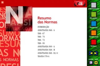 95 
APRESENTAÇÃO 
SOLUÇÕES 
PRODUTOS 
TECNOLOGIA 
NORMAS 
AJUDA SAIR 
Resumo 
das Normas 
INTRODUÇÃO 
ANSI/TIA/EIA 568 - A 
TSB - 67 
TSB - 75 
TSB - 72 
TSB - 95 
ANSI/TIA/EIA 569 - A 
ANSI/TIA/EIA 568 - B 
ANSI/TIA/EIA 568 - B.2-1 
TIA/EIA 570-A 
 