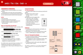 98 
APRESENTAÇÃO 
SOLUÇÕES 
PRODUTOS 
TECNOLOGIA 
NORMAS 
AJUDA SAIR 
ANSI / TIA / EIA - 568 - A 
CABEAMENTO HORIZONTAL 
Estende-se desde os conectores/tomadas ao cross-connect 
horizontal. 
A topologia física é uma estrela (cada conector/tomada de 
telecomunicações têm a sua própria posição mecânica terminal 
no cross-connect horizontal no armário de telecomunicação). 
Inclui: 
• Cabos horizontais. 
• Conectores/tomadas de telecomunicações. 
• Terminais mecânicos no armário de telecomunicações. 
• Cordões de emenda ou jumpers no armário de 
telecomunicações. 
Meios de Transmissão Reconhecidos: 
• Cabo par trançado sem blindagem, 4 pares x 100 Ohms (UTP). 
• Cabo par trançado blindado, 2 pares x 150 Ohms (STP-A). 
• Cabo óptico multimodo de 2 fibras (62.5/125 μm). 
• Os meios de transmissão reconhecidos, se encapados 
conjuntamente (cabos híbridos), podem ser usados se 
compatíveis com o padrão especificado. 
Nota: a TIA/EIA reconhece o cabo coaxial 50 Ohms como aceitável, mas não é 
recomendado para novas instalações. Foi suprimido na versão 568-B. 
A ISO/IEC permite, além dos tipos acima, a fibra multimodo 50/125 μm 
e o cabo UTP 120 Ohms. A TIA/EIA reconheceu a fibra multimodo 50/125 μm 
em sua revisão. 
Continua 
Conectores/Tomadas 
de Telecomunicações 
Um mínimo de duas tomadas são necessárias para cada área de 
trabalho: 
A: Compatível com um cabo de 4 pares 
100 Ohms, categoria 3 ou superior e conector 
associado. 
B:Compatível com um dos seguintes cabos: 
• Cabo UTP de 4 pares, 100 Ohms e 
conector (categoria 5 recomendado). 
• Cabo de 150 Ohms STP-A e conector. 
• Cabo de fibra óptica de 2 fibras de 
62.5/125 μm e conectores. 
O aterramento deve estar de acordo com 
a ANSI/TIA/EIA-607. 
Distâncias: 
• O comprimento do cabo horizontal deve estar limitado a um 
máximo de 90 metros para todos os tipos. 
• Patch Cables no cross-connect horizontal não devem exceder 
6 metros. A ISO/IEC limita esse comprimento a 5 metros. 
Pontos de Transição/Consolidação: 
• No máximo um ponto de transição a 1 ponto de consolidação é 
permitido para cada enlace horizontal. 
• Um comprimento de 3 metros é permitido para adapter cables 
com a finalidade de conectar o equipamento na área de 
trabalho. 
• O comprimento total de cordões (patch cable e adapter cable ) 
não devem exceder 10 metros. 
Obs.: Seguindo-se a orientação de 6 m e 3 m será evitada a obrigatoriedade de 
verificar se a limitação de 10 m será excedida quando forem realizadas 
modificações. 
Patch Panel 
Cabeamento 
horizontal: 
90 m no máximo 
Adapter Cables 
na Área 
de Trabalho: 
3 m no máximo 
Tomada de 
Telecomunicações 
Patch Cables na 
Sala de 
Telecomunicações: 
6 m no máximo 
 