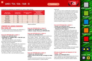 111 
APRESENTAÇÃO 
SOLUÇÕES 
PRODUTOS 
TECNOLOGIA 
NORMAS 
AJUDA SAIR 
ANSI / TIA / EIA - 568 - B Continua 
PARÂMETROS DE DESEMPENHO DE TRANSMISSÃO EM CABOS DE FIBRAS ÓPTIC0S 
Mínima Capacidade de 
Transmissão de 
Tipo de Cabo Comprimento Atenuação Máxima Informações 
de Fibra Òptica de Onda (nm) (dB/km) para Sobrecarga de 
Lançamento(MHz/km) 
50/125μm 850 3,5 500 
Multimodo 1300 1,5 500 
62,5/125μm 850 3,5 160 
Multimodo 1300 1,5 500 
Monomodo 1310 1 N/A 
Planta Interna 1550 1 N/A 
Monomodo 1310 0,5 N/A 
Planta Externa 1550 0,5 N/A 
OVERVIEW DOS ADENDOS PROPOSTOS 
PELA TIA/EIA 568 
• Os seguintes adendos foram propostos sob a TIA/EIA/568-A, e 
incorporados pelo documento ANSI/TIA/EIA-568-B. 
Norma Atual ANSI/TIA/EIA-568-A-1 (Adendo 1) 
•••• Liberado como ANSI/TIA/EIA-568-B.2 
• Especificações de "Propagation Delay" e "Delay Skew" para 
Cabos 4 pares 100 Ohms 
Com a demanda de aplicações em alta velocidade, a 
necessidade de performance de parâmetros adicionais 
(delay e delay skew) são obrigatórios. 
Atraso de propagação é o tempo perdido entre a transmissão e 
recepção do sinal. Delay skew é a diferença no atraso de 
propagação entre dois pares quaisquer. Este parâmetro é 
fundamental para qualquer aplicação que utilize múltiplos pares 
com transmissão paralela. O adendo inclui métodos de medida e 
variação permitida dentro de uma linha de condições específicas 
de operação. O Delay skew do cabo, não deve exceder 
45ns/100m entre 1MHz e a mais alta freqüência de qualquer 
categoria especificada. 
Norma Atual ANSI/TIA/EIA-568-A-2 (Adendo 2) 
•••• Liberado como ANSI/TIA/EIA-568-B.1, B.2, B.3 
•••• Editorial e correções Técnicas para ANSI/TIA/EIA-568-A 
Norma Atual ANSI/TIA/EIA-568-A-3 (Adendo 3) 
•••• Liberado como ANSI/TIA/EIA-568-B.2 
Este documento adiciona definições tanto quanto requisitos para 
cabos "bundled" e "híbridos" . Cabos "bundles" são uma 
combinação de dois ou mais cabos encapsulados juntos para 
formar uma única unidade. Um cabo híbrido é uma combinação 
de dois ou mais cabos, podendo ser construído com o mesmo ou 
diferentes tipos/categorias de cabos, coberto por uma única capa. 
Os novos requisitos de performance para os cabos híbridos e 
"bundled " especificam que a soma das perdas por paradiafonia 
entre um par sobre interferência e todos os pares externos ao 
cabo "bundled" ou híbrido devem ser 3dB melhor do que a 
paradiafonia par-a-par reconhecida na faixa de freqüência 
especificada. 
Norma atual ANSI/TIA/EIA-568-A-4 (Adendo 4) 
•••• Liberado como ANSI/TIA/EIA-568-B.2 
• Método de Teste de Perda por NEXT, na Produção de Cordões 
Modulares 
Ao medir a transmissão de performance de um canal específico, 
o ponto de conexão mais fraco é o cordão de manobra 
(patch cord). 
Por vários anos a TIA tem estudado efeitos prejudiciais que os 
cordões de manobra têm no desempenho do canal. Este adendo 
define a metodologia de teste de paradiafonia de cordões 
modulares de manobra. Assim como uma nota, este adendo 
especifica somente testes relacionados a cordões de manobra 
Categoria 5 quando medidos com um teste principal específico, 
que consolida o adendo ao requerido na norma. Não se pode 
usar esta metodologia de teste descrita neste adendo para 
cordões de manobra Categoria 5e ou Categoria 6. 
Norma atual ANSI/TIA/EIA-568-A-5 (Adendo 5) 
•••• Liberado como ANSI/TIA/EIA-568-B.2 
•••• Guia Adicional de Performance de Transmissão para 
Cabeamento 100 Ohms Categoria 5 
O comitê do IEEE 802.3 requisitou que a TIA incorpore uma 
margem dentro das requisições existente da Categoria 5 para 
assegurar uma transmissão bidirecional robusta. Desenvolvimento 
de certas aplicações de alta velocidade como o Gigabit Ethernet 
(1000Base-T), trouxe necessidade de requisitos adicionais de 
transmissão; FEXT, ELFEXT, PSELFEXT, PSNEXT. Aplicações que 
usam todos os 4 pares para sinalização simultânea bidirecional 
(GigaBit Ethernet - full duplex), requer estes parâmetros. A 
Categoria 5e reconhece avanços na tecnologia de cabeamento e 
fornece performances mais elevadas que o canal Categoria 5. A 
liberação do documento ANSI/TIA/EIA-568B, estabeleceu a 
Categoria 5e como o mínimo de performance requerida para 
todas as presentes e futuras instalações. 
A Categoria 5 foi definitivamente abolida, não havendo menção 
alguma da Categoria 5 nas seções normativas do padrão. 
Performance de Transmissão para Equipamentos de Teste 
(scanners) - TSB-67 
•••• Liberado como ANSI/TIA/EIA-568-B.2 
O TSB 67 publicado em 1995 forneceu premissas para o teste em 
campo conhecidas como LINK e CHANNEL. Mudanças foram 
incorporadas pela 568-B, no sentido de estabelecer melhores 
 