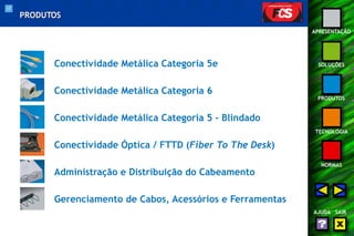 17 
APRESENTAÇÃO 
SOLUÇÕES 
PRODUTOS 
TECNOLOGIA 
NORMAS 
AJUDA SAIR 
PRODUTOS 
Conectividade Metálica Categoria 5e 
Conectividade Metálica Categoria 6 
Conectividade Metálica Categoria 5 - Blindado 
Conectividade Óptica / FTTD (Fiber To The Desk) 
Administração e Distribuição do Cabeamento 
Gerenciamento de Cabos, Acessórios e Ferramentas 
 