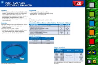 25 
APRESENTAÇÃO 
SOLUÇÕES 
PRODUTOS 
TECNOLOGIA 
NORMAS 
AJUDA SAIR 
PATCH CABLE M8V 
CATEGORIA 5 ENHANCED 
Aplicação 
• Sistemas de Cabeamento Estruturado para tráfego de voz, dados 
e imagens, segundo requisitos da norma ANSI/TIA/EIA-568B.2 
(Balanced Twisted Pair Cabling Components), para 
cabeamento horizontal ou secundário, uso interno, nas salas de 
telecomunicações, para manobras entre os painéis de 
distribuição (patch panels) e os equipamentos ativos da rede 
(hubs, switches etc.). 
Descrição 
• Produzido em fábrica, com o cabo UTP, extra flexível, Multi-Lan 
Flex de 4 pares e 2 conectores M8v macho, ambos 
Categoria 5 Enhanced. 
• Disponível em pinagem T568A ou T568B. 
• Fornecido em 7 cores distintas (azul, verde, amarelo, branco, 
cinza, preto e vermelho) e nos seguintes comprimentos 
padrões: 1,0 , 1,5 , 2,0 , 2,5 , 3,0 , 4,0 , 5,0 e 6,0 metros. 
Características 
• Performance garantida, comprovada em fábrica. 
• Produto integrante do sistema cat5e homologado pela ETL 
(ETL Verified Cat5e - 3 Connector Channel). 
Nota: 
Para obtenção da melhor performance do canal, utilize a linha 
completa da solução FCS. 
Patch Cable M8v Categoria 5 Enhanced 
Características Elétricas Básicas do Cabo Multi-Lan Flex Categoria 5 Enhanced 
CARACTERÍSTICAS UNIDADE 
Resistência elétrica máxima do condutor em C.C. a 20ºC Ω/km 
Capacitância mútua máxima a 20ºC pF/m 
Ω 
VDCTensão aplicada entre condutores /3s 1500 
Atraso de propagação máximo a 10 MHz ns/100 m 545 
Variação do atraso de propagação – valor típico ns/100 m 45 
% 
Impedância característica nominal de 1 a 350 MHz 
Velocidade de propagação nominal 
VALOR 
93,8 
56 
100 ± 15% 
66 
Lotes de Fornecimento 
COMPRIMENTO DO EMBALAGEM 
PATCH CABLE M8v (m) (caixa) 
1,0, 1,5, 2,0 e 2,5 40 unidades 
3,0 e 4,0 25 unidades 
5,0 e 6,0 15 unidades 
Códigos do Produto 
CÓDIGO 
COMPRIMENTO PRODUTO PINAGEM COR 
1,5 m 2,5 m 
35100019 35100025 Azul 
35100802 35100827 Verde 
35100883 35100900 Patch Cable M8v Amarelo 
35100502 35100527 Categoria 5 Enhanced T568A Branco 
35100577 35100597 Cinza 
35100640 35100663 Preto 
35100723 35100740 Vermelho 
Nota: Códigos de produtos com pinagem T568B ou em outras configurações, 
sob consulta. 
 