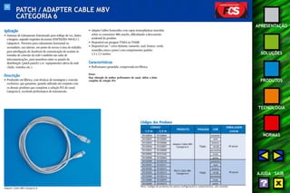 34 
APRESENTAÇÃO 
SOLUÇÕES 
PRODUTOS 
TECNOLOGIA 
NORMAS 
AJUDA SAIR 
PATCH / ADAPTER CABLE M8V 
CATEGORIA 6 
Aplicação 
• Sistemas de Cabeamento Estruturado para tráfego de voz, dados 
e imagens, segundo requisitos da norma ANSI/TIA/EIA-568-B.2-1 
Categoria 6. Previstos para cabeamento horizontal ou 
secundário, uso interno, em ponto de acesso à área de trabalho 
para interligação do hardware de comunicação do usuário às 
tomadas de conexão da rede e também nas salas de 
telecomunicações, para manobras entre os painéis de 
distribuição (patch panels) e os equipamentos ativos da rede 
(hubs, switches, etc.). 
Descrição 
• Produzido em fábrica, com técnicas de montagem e conexão 
exclusivas, que garantem, quando utilizado em conjunto com 
os demais produtos que compõem a solução FCS do canal 
Categoria 6, excelente performance de transmissão. 
• Adapter Cables fornecidos com capas termoplásticas inseridas 
sobre os conectores M8v macho, dificultando a desconexão 
acidental do produto. 
• Disponível em pinagem T568A ou T568B. 
• Disponível em 7 cores distintas (amarelo, azul, branco, verde, 
vermelho,cinza e preto) com comprimentos padrão: 
1,5 e 2,5 metros. 
Características 
• Performance garantida, comprovada em fábrica. 
Notas: 
Para obtenção da melhor performance do canal, utilize a linha 
completa da solução FCS. 
Adapter Cable M8v Categoria 6 
Códigos dos Produtos 
CÓDIGO 
PRODUTO PINAGEM COR 
EMBALAGEM 
1,5 m 2,5 m (caixa) 
35120054 35120004 amarelo 
35120057 35120005 azul 
35120055 35120006 Adapter Cable M8v 
branco 
35120056 35120007 Categoria 6 T568A 
verde 
35120053 35120008 vermelho 
35120052 35121542 cinza 
35120058 35120064 preto 
35120300 35120310 amarelo 
35120301 35120311 azul 
35120302 35120312 branco 
35120303 35120313 verde 
35120304 35120314 vermelho 
35120080 35120079 cinza 
35120305 35120315 preto 
Nota: Códigos de produtos em outras configurações e comprimentos, sob consulta. 
40 peças 
Patch Cable M8v 
Categoria 6 T568A 40 peças 
 