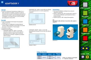 62 
APRESENTAÇÃO 
SOLUÇÕES 
PRODUTOS 
TECNOLOGIA 
NORMAS 
AJUDA SAIR 
ADAPTADOR Y 
Aplicação 
• Sistemas de Cabeamento Estruturado para tráfego de voz e 
dados, horizontal ou secundário, uso interno, em salas de 
telecomunicações em painéis de distribuição (patch panels ou 
painéis de acesso frontal), pontos de distribuição (pontos de 
consolidação) ou em pontos de acesso na área de trabalho, 
para duplicação de conexões M8v. 
Descrição 
• Corpo em termoplástico de alto impacto não propagante 
à chama (UL 94 V-0). 
• Vias de contato, em configuração de curvatura altamente 
resistente à fadiga, produzidas em cobre-berílio, com camada 
de ouro de 1,27 mm sobre 1,27 mm de níquel. 
• Fornecido na cor bege. 
• Disponível em três modelos : 
– ADAPTADOR Y MODULAR - duplica a conexão M8v 
mantendo em ambas as conexões o mesmo padrão de 
pinagem da conexão de origem. Pode ser usado para 
disponibilização de extensões. Compatível com qualquer 
padrão de pinagem. 
– ADAPTADOR Y VOZ - duplica a conexão M8v para utilização 
de dois equipamentos de voz ou outros equipamentos 
compatíveis. 
– ADAPTADOR Y 10BASET - duplica a conexão M8v 
disponibilizando dois pontos de acesso para redes Ethernet 
10BaseT. 
Características 
• Provê maior flexibilidade na utilização de um sistema de 
cabeamento estruturado. 
• Podem ser utilizados lado a lado em patch panels e painéis de 
acesso frontal, possibilitando o aproveitamento de todas as 
posições existentes. 
• Atende FCC part 68.5 (EMI - Indução Eletromagnética). 
Nota: 
Para obtenção da melhor performance do canal, utilize a linha completa da 
solução FCS. 
Adaptador Modular 
Adaptador para Voz 
Adaptador 10 Base T 
Adaptadores Y 
Produtos com Certificado de Homologação 
UL - Underwriters Laboratories 
Códigos do Produto 
CÓDIGO PRODUTO MODELO COR 
EMBALAGEM 
(caixa) 
35050667 Modular 
35050677 Adaptador Y Voz Bege 25 peças 
35050683 10BaseT 
 