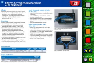 85 
APRESENTAÇÃO 
SOLUÇÕES 
PRODUTOS 
TECNOLOGIA 
NORMAS 
AJUDA SAIR 
PONTOS DE TELECOMUNICAÇÃO DE 
ALTA DENSIDADE 
Aplicação 
• Sistema de cabeamento estruturado para instalação em piso 
falso atuando como ponto de consolidação entre o cabeamento 
horizontal e a área de trabalho segundo o padrão de 
cabeamento em "Zone Cabling" para escritórios modulares 
(Open Office) segundo especificações da norma 
ANSI EIA/TIA 568B TSB-75. 
Características 
• Gabinete metálico com tampa, de encaixe rápido, construído 
em aço resistente e acabamento zincado. 
• Possui em cada face lateral um recorte para entrada de 
eletrocalhas de 100 mm de largura x 75 mm de altura. 
• Desenvolvido com sistema que permite que a abertura das 
faces para entrada das calhas seja feita em campo, 
manualmente sem necessidade de qualquer ferramenta. 
• Também dispõe de 08 (oito) furos para montagem de tubos 
corrugados de 1" de diâmetro nominal. Os furos são pré-estampados 
permitindo sua abertura sem necessidade de 
ferramentas especiais (furadeiras). 
• Possui aberturas para passagem de abraçadeiras para fixação 
dos cabos na base do gabinete metálico. 
• Concepção compacta otimizando o espaço nas instalações. 
• Fornecido com kit de parafusos e bucha para fixação no piso. 
Ponto de Telecomunicação Multiusuário 36 Posições 
M8v Fêmea - E300 
• Composto pelo gabinete metálico e uma placa descarregada 
de 36 posições. 
• Permite escalabilidade no número de portas conforme 
crescimento da planta do cliente. 
• Encaixe compatível com toda a linha de conectores fêmea, 
módulos F, módulos com adaptadores ópticos e de áudio e 
vídeo, etc. 
• Possui cartão de identificação das conexões. 
Ponto de Consolidação para Bloco 110IDC 
50 Pares - E300 
• Composto pelo gabinete metálico e um bloco 110IDC 
com pernas de 50 pares. 
• A conexão entre o cabeamento horizontal e os cabos para as 
áreas de trabalho (UTP 4 pares sólido) são feitas através de 
crimpagem pelos conectores 110IDC. 
• Fornecido com bloco, etiquetas e porta etiquetas, sendo que 
os conectores 110IDC devem ser adquiridos separadamente. 
• Permite expansão para 100 pares através da montagem de 
um bloco 110 IDC 50 pares adicional. 
Ponto de Telecomunicação Multiusuário 36 posições 
M8v Fêmea - E300 
Ponto de Consolidação - com Bloco 110 IDC 
Dimensões (mm) 
PRODUTO ALTURA LARGURA PROFUNDIDADE 
(mm) (mm) (mm) 
Ponto de Telecomunicação Multiusuário 36 Posições M8v Fêmea - E300 115 300 405 
Ponto de Consolidação para Bloco 110IDC 100 Pares - E300 115 300 405 
Códigos dos Produtos 
CÓDIGO PRODUTO 
EMBALAGEM 
(caixa) 
35050136 Ponto de Telecomunicação Multiusuário 36 Posições M8v Fêmea - E300 1 peça 
35050137 Ponto de Consolidação para Bloco 110IDC 50 Pares - E300 1 peça 
Nota: para expansão do ponto de Consolidação 50 pares consulte a seção de Blocos 110 IDC do catálogo. 
 