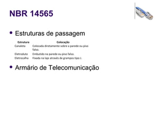 NBR 14565
 Estruturas de passagem
 Armário de Telecomunicação
Estrutura Colocação
Canaleta Colocada diretamente sobre a parede ou piso
falso.
Eletroduto Embutido na parede ou piso falso.
Eletrocalha Fixada na laje através de grampos tipo J.
 