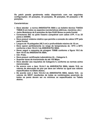 Os patch panels geralmente estão disponíveis com nas seguintes
configurações: 24 posições, 32 posições, 48 posições, 64 posições e 96
posições.
Características:
· Deve atender a norma ANSI/EIA/TIA 568A e ao boletim técnico TIA/EIA
TSB40-A em todos os aspectos (carcteristicas elétricas, mecânica, etc.)
· Jacks Modulares de 8 posições do tipo RJ45 fêmea na parte frontal.
· Conectores IDC na parte traseira compatível com cabos UTP, 4 ou 25
pares e 24AWG.
· Deve possuir sistema rotativo que permita a conexão do cabos UTP pela
parte frontal.
· Largura de 19 polegadas (48,3 cm) e profundidade máxima de 10 cm.
· Deve operar perfeitamente no range de temperaturas de -10oC a 60oC
conforme o item 10.4.3.1 da ANSI/EIA/TIA 568A.
· Dever seguir o esquema de pinagem T568B conforme a figura 10-2 do
item 10.4.5 da ANSI/EIA/TIA 568A.
· Côr: Preto.
· Deve possuir certificação Laboratórios UL - Categoria 5.
· Suportar taxas de transmissão de até 155 Mbps.
· Deve atender aos requisitos de Categoria 5, conforme as normas acima
mencionadas.
· De acorco com o item 10.4.4.1 da ANSI/EIA/TIA 568A, tabela 10.8, os
valores de atenuação do pior par deve ser inferior ou igual aos valores
especificados na tabela abaixo.
· De acordo com o item 10.4.4.2 da ANSI/EIA/TIA 568A, tabela 10.9, os
valores do NEXT resultantes de todas as combinações possíveis de
todos os pares devem ser no mínimos os especificados na Tabela
abaixo.

Pägina 10

 