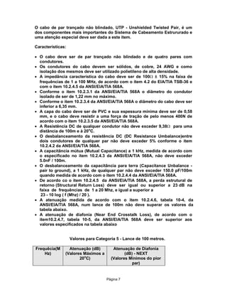 O cabo de par trançado não blindado, UTP - Unshielded Twisted Pair, é um
dos componentes mais importantes do Sistema de Cabeamento Estrururado e
uma atenção especial deve ser dada a este item.
Características:
· O cabo deve ser de par trançado não blindado e de quatro pares com
condutores.
· Os condutores do cabo devem ser sólidos, de cobre, 24 AWG e como
isolação dos mesmos deve ser utilizado polietileno de alta densidade.
· A impedância característica do cabo deve ser de 100W ± 15% na faixa de
frequências de 1 a 100 MHz, de acordo com o ítem 4.2 do EIA/TIA TSB-36 e
com o item 10.2.4.5 da ANSI/EIA/TIA 568A.
· Conforme o item 10.2.3.1 da ANSI/EIA/TIA 568A o diâmetro do condutor
isolado de ser de 1,22 mm no máximo.
· Conforme o item 10.2.3.4 da ANSI/EIA/TIA 568A o diâmetro do cabo deve ser
inferior a 6,35 mm.
· A capa do cabo deve ser de PVC e sua espessura mínima deve ser de 0,58
mm, e o cabo deve resistir a uma força de tração de pelo menos 400N de
acordo com o item 10.2.3.5 da ANSI/EIA/TIA 568A.
· A Resistência DC de qualquer condutor não deve exceder 9,38W para uma
distância de 100m e à 20oC.
· O desbalanceamento da resistência DC (DC Resistance Umbalance)entre
dois condutores de qualquer par não deve exceder 5% conforme o item
10.2.4.2 da ANSI/EIA/TIA 568A.
· A capacitância mútua (Mutual Capacitance) a 1 kHz, medida de acordo com
o especificado no item 10.2.4.3 da ANSI/EIA/TIA 568A, não deve exceder
5.0nF / 100m.
· O desbalanceamento da capacitância para terra (Capacitance Unbalance pair to ground), a 1 kHz, de qualquer par não deve exceder 150.0 pF/100m
quando medida de acordo com o item 10.2.4.4 da ANSI/EIA/TIA 568A.
· De acordo co o item 10.2.4.5 da ANSI/EIA/TIA 568A, a perda estrutural de
retorno (Structural Return Loss) deve ser igual ou superior a 23 dB na
faixa de frequências de 1 a 20 Mhz, e igual a superior a
23 - 10 log ( f (Mhz) / 20 ).
· A atenuação medida de acordo com o item 10.2.4.6, tabela 10-4, da
ANSI/EIA/TIA 568A, num lance de 100m não deve superar os valores da
tabela abaixo.
· A atenuação de diafonia (Near End Crosstalk Loss), de acordo com o
item10.2.4.7, tabela 10-5, da ANSI/EIA/TIA 568A deve ser superior aos
valores especificados na tabela abaixo
Valores para Categoria 5 - Lance de 100 metros.
Frequêcia(M
Hz)

Atenuação (dB)
(Valores Máximos a
20oC)

Atenuação de Diafonia
(dB) - NEXT
(Valores Mínimos do pior
par)

Pägina 7

 