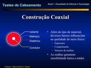 Area1 – Faculdade de Ciência e Tecnologia
Testes de Cabeamento


                        Construção Coaxial

                                   Isolante     • Além do tipo de material,
                                   Malha(s)       diversos fatores influenciam
                                                  na qualidade do meio físico:
                                   Dielétrico
                                                   – Espessura
                                   Condutor        – Comprimento
                                                   – Número de malhas
                                                • As malhas garantem
                                                  sensibilidade baixa a ruídos

 Professor : Marco Antônio C. Câmara
 