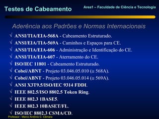 Area1 – Faculdade de Ciência e Tecnologia
Testes de Cabeamento

    Aderência aos Padrões e Normas Internacionais
  √   ANSI/TIA/EIA-568A - Cabeamento Estruturado.
  √   ANSI/EIA/TIA-569A - Caminhos e Espaços para CE.
  √   ANSI/TIA/EIA-606 - Administração e Identificação do CE.
  √   ANSI/TIA/EIA-607 - Aterramento do CE.
  √   ISO/IEC 11801 - Cabeamento Estruturado.
  √   Cobei/ABNT - Projeto 03.046.05.010 (≅ 568A).
  √   Cobei/ABNT - Projeto 03.046.05.014 (≅ 569A).
  √   ANSI X3T9.5/ISO/IEC 9314 FDDI.
  √   IEEE 802.5/ISO 8802.5 Token Ring.
  √   IEEE 802.3 1BASE5.
  √   IEEE 802.3 10BASET/FL.
  √   ISO/IEC 8802.3 CSMA/CD.
 Professor : Marco Antônio C. Câmara
 