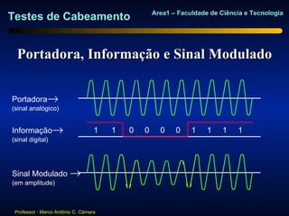 Area1 – Faculdade de Ciência e Tecnologia
Testes de Cabeamento


  Portadora, Informação e Sinal Modulado


Portadora→
(sinal analógico)


Informação→                        1   1   0   0     0    0    1    1    1   1
(sinal digital)




Sinal Modulado →
(em amplitude)



 Professor : Marco Antônio C. Câmara
 