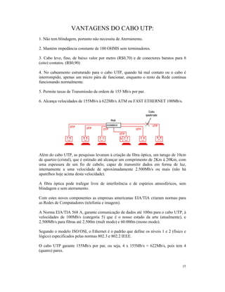VANTAGENS DO CABO UTP:
1. Não tem blindagem, portanto não necessita de Aterramento.

2. Mantém impedância constante de 100 OHMS sem terminadores.

3. Cabo leve, fino, de baixo valor por metro (R$0,70) e de conectores baratos para 8
(oito) contatos. (R$0,90)

4. No cabeamento estruturado para o cabo UTP, quando há mal contato ou o cabo é
interrompido, apenas um micro pára de funcionar, enquanto o resto da Rede continua
funcionando normalmente.

5. Permite taxas de Transmissão da ordem de 155 Mb/s por par.

6. Alcança velocidades de 155Mb/s à 622Mb/s ATM ou FAST ETHERNET 100Mb/s.




Além do cabo UTP, as pesquisas levaram à criação da fibra óptica, um tarugo de 10cm
de quartzo (cristal), que é estirado até alcançar um comprimento de 2Km à 20Km, com
uma espessura de um fio de cabelo, capaz de transmitir dados em forma de luz,
internamente a uma velocidade de aproximadamente 2.500Mb/s ou mais (não há
aparelhos hoje acima desta velocidade).

A fibra óptica pode trafegar livre de interferência e de espúrios atmosféricos, sem
blindagem e sem aterramento.

Com estes novos componentes as empresas americanas EIA/TIA criaram normas para
as Redes de Computadores (telefonia e imagem).

A Norma EIA/TIA 568 A, garante comunicação de dados até 100m para o cabo UTP, à
velocidades de 100Mb/s (categoria 5) que é o nosso estado da arte (atualmente), e
2.500Mb/s para fibras até 2.500m (mult modo) e 60.000m (mono modo).

Segundo o modelo ISO/OSI, o Ethernet é o padrão que define os níveis 1 e 2 (físico e
lógico) especificados pelas normas 802.3 e 802.2 IEEE.

O cabo UTP garante 155Mb/s por par, ou seja, 4 x 155Mb/s = 622Mb/s, pois tem 4
(quatro) pares.


                                                                                  15
 
