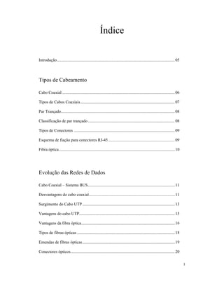 Índice

Introdução.............................................................................................................. 05



Tipos de Cabeamento

Cabo Coaxial ......................................................................................................... 06

Tipos de Cabos Coaxiais........................................................................................ 07

Par Trançado.......................................................................................................... 08

Classificação de par trançado ................................................................................. 08

Tipos de Conectores .............................................................................................. 09

Esquema de fiação para conectores RJ-45 .............................................................. 09

Fibra óptica............................................................................................................ 10




Evolução das Redes de Dados

Cabo Coaxial – Sistema BUS................................................................................. 11

Desvantagens do cabo coaxial................................................................................ 11

Surgimento do Cabo UTP ...................................................................................... 13

Vantagens do cabo UTP......................................................................................... 15

Vantagens da fibra óptica....................................................................................... 16

Tipos de fibras ópticas ........................................................................................... 18

Emendas de fibras ópticas ...................................................................................... 19

Conectores ópticos................................................................................................. 20


                                                                                                                              3
 