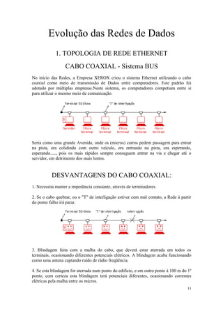 Evolução das Redes de Dados
            1. TOPOLOGIA DE REDE ETHERNET
                  CABO COAXIAL - Sistema BUS
No início das Redes, a Empresa XEROX criou o sistema Ethernet utilizando o cabo
coaxial como meio de transmissão de Dados entre computadores. Este padrão foi
adotado por múltiplas empresas.Neste sistema, os computadores competiam entre si
para utilizar o mesmo meio de comunicação.




Seria como uma grande Avenida, onde os (micros) carros pedem passagem para entrar
na pista, ora colidindo com outro veículo, ora entrando na pista, ora esperando,
esperando....., pois os mais rápidos sempre conseguem entrar na via e chegar até o
servidor, em detrimento dos mais lentos.


          DESVANTAGENS DO CABO COAXIAL:
1. Necessita manter a impedância constante, através de terminadores.

2. Se o cabo quebrar, ou o "T" de interligação estiver com mal contato, a Rede à partir
do ponto falho irá parar.




3. Blindagem feita com a malha do cabo, que deverá estar aterrada em todos os
terminais, ocasionando diferentes potenciais elétricos. A blindagem acaba funcionando
como uma antena captando ruído de rádio freqüência.

4. Se esta blindagem for aterrada num ponto do edifício, e em outro ponto à 100 m do 1º
ponto, com certeza esta blindagem terá potenciais diferentes, ocasionando correntes
elétricas pela malha entre os micros.
                                                                                     11
 