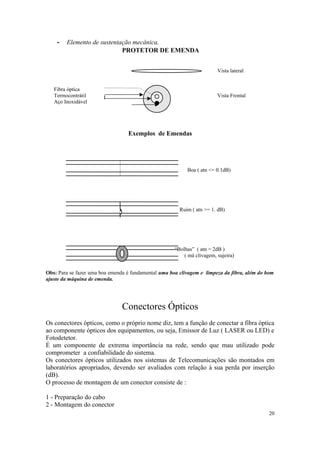 -   Elemento de sustentação mecânica.
                            PROTETOR DE EMENDA


                                                                         Vista lateral


   Fibra óptica
   Termocontrátil                                                        Vista Frontal
   Aço Inoxidável




                                  Exemplos de Emendas




                                                           Boa ( atn <= 0.1dB)




                                                        Ruim ( atn >= 1. dB)




                                                      “Bolhas” ( atn = 2dB )
                                                          ( má clivagem, sujeira)


Obs: Para se fazer uma boa emenda é fundamental uma boa clivagem e limpeza da fibra, além do bom
ajuste da máquina de emenda.




                                Conectores Ópticos
Os conectores ópticos, como o próprio nome diz, tem a função de conectar a fibra óptica
ao componente ópticos dos equipamentos, ou seja, Emissor de Luz ( LASER ou LED) e
Fotodetetor.
É um componente de extrema importância na rede, sendo que mau utilizado pode
comprometer a confiabilidade do sistema.
Os conectores ópticos utilizados nos sistemas de Telecomunicações são montados em
laboratórios apropriados, devendo ser avaliados com relação à sua perda por inserção
(dB).
O processo de montagem de um conector consiste de :

1 - Preparação do cabo
2 - Montagem do conector
                                                                                              20
 