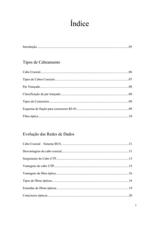 Índice

Introdução..................................................................................................................05



Tipos de Cabeamento

Cabo Coaxial..............................................................................................................06

Tipos de Cabos Coaxiais............................................................................................07

Par Trançado..............................................................................................................08

Classificação de par trançado.....................................................................................08

Tipos de Conectores ..................................................................................................09

Esquema de fiação para conectores RJ-45.................................................................09

Fibra óptica.................................................................................................................10




Evolução das Redes de Dados

Cabo Coaxial – Sistema BUS....................................................................................11

Desvantagens do cabo coaxial...................................................................................11

Surgimento do Cabo UTP..........................................................................................13

Vantagens do cabo UTP.............................................................................................15

Vantagens da fibra óptica...........................................................................................16

Tipos de fibras ópticas...............................................................................................18

Emendas de fibras ópticas..........................................................................................19

Conectores ópticos.....................................................................................................20


                                                                                                                                  3
 