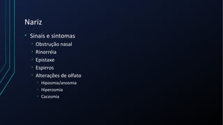 Nariz
• Sinais e sintomas
• Obstrução nasal
• Rinorréia
• Epistaxe
• Espirros
• Alterações de olfato
• Hiposmia/anosmia
• Hiperosmia
• Cacosmia
 