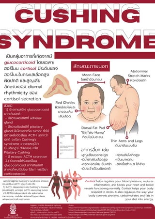 Dorsal Fat Pad
”Baffalo Hump”
ก้อนไขมันสะสม
Red Cheeks
ผิวหนังแห้งและ
บางจนเห็น
เส้นเลือด
Abdominal
Stretch Marks
ผิวหนังแตก
Cushing
Syndrome
Cushing
Syndrome
สาเหตุ
1.) ร่างกายสร้าง glucocorticoid
มากเกินปกติ
- มีความผิดปกติที adrenal
gland
- มีความผิดปกติที pituitary
gland มีเนืองอกหรือ tumor ทําให้
มีการหลังฮอร์โมน ACTH มากกว่า
ปกติ จะเรียก Cushing's
syndrome จากสาเหตุนีว่า
Cushing’s disease หรือ
Pituitary Cushing
- มี ectopic ACTH secretion
2.) ร่างกายได้รับฮอร์โมน
glucocorticoid มากเกินปกติ
สาเหตุทีพบได้บ่อย ได้แก่ การใช้ยา
corticosteroid
อาการอืนๆ เช่น
-สูญเสียมวลกระดูก -ความดันโลหิตสูง
-มีนําตาลในเลือดสูง -เปนเบาหวาน
-หงุดหงิดง่าย ซึมเศร้า -ติดเชือต่าง ๆ ได้ง่าย
-มีประจําเดือนผิดปกติ
เปนกลุ่มอาการทีเกิดจากมี
glucocorticoid โดยเฉพาะ
ฮอร์โมน cortisol มีระดับของ
ฮอร์โมนในกระแสเลือดสูง
ผิดปกติ และสูญเสีย
ลักษณะของ diurnal
rhythmicity ของ
cortisol secretion
นอกจากนีผู้ปวย Cushing’s syndrome อาจแบ่ง
ตามฮอร์โมน ACTH เปน 2 ชนิด คือ
1.) ACTH dependent เช่น Cushing’s disease
(พบบ่อยสุด), ectopic ACTH-secreting tumor
2.) ACTH independent เช่น adrenoma,
carcinoma, nodular adrenal hyperplasia,
adrenocortical rest tumor
Cortisol helps regulate your blood pressure, reduces
inflammation, and keeps your heart and blood
vessels functioning normally. Cortisol helps your body
respond to stress. It also regulates the way your
body converts proteins, carbohydrates and fats in
your diet into energy.
Thin Arms and Legs
ต้นขาต้นแขนลีบ
Moon Face
ใบหน้าอ้วนกลม
ลักษณะภายนอก
ครูผู้สอน : นายวิชัย ลิขิตพรรักษ์ ครูชํานาญ
การ (คศ.2) สาขาชีววิทยา กลุ่มสาระการเรียนรู้
วิทยาศาสตร์และเทคโนโลยี
ผู้จัดทํา : นางสาวปุณิกา ใบกว้าง เลขที 3
ห้อง 125 ม.6 แผนการเรียนวิทย์-คณิต [GM]
อ้างอิง
https://www.mayoclinic.org/diseases-conditions/cushing-syndrome/symptoms-causes/syc-20351310
https://meded.psu.ac.th/binlaApp/class03/311_311/Adrenal_Disorders/index2.html
https://thenounproject.com/term/adrenal-glands/716572/
https://pngio.com/PNG/a164765-adrenal-gland-png.html
โรงเรียนเตรียมอุดมศึกษา ประกอบรายวิชาชีววิทยา 5 ว30245 ภาคเรียนที 1 ปการศึกษา 2564
 