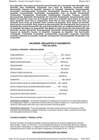 Nova Glória/GO, Nova Iguaçu de Goiás/GO, Nova Roma/GO, Nova Veneza/GO, Novo Brasil/GO, Novo
Gama/GO, Novo Planalto/GO, Orizona/GO, Ouro Verde de Goiás/GO, Ouvidor/GO, Padre
Bernardo/GO, Palestina de Goiás/GO, Palmeiras de Goiás/GO, Palmelo/GO, Palminópolis/GO,
Panamá/GO, Paranaiguara/GO, Paraúna/GO, Perolândia/GO, Petrolina de Goiás/GO, Pilar de
Goiás/GO, Piracanjuba/GO, Piranhas/GO, Pirenópolis/GO, Pires do Rio/GO, Planaltina/GO,
Pontalina/GO, Porangatu/GO, Porteirão/GO, Portelândia/GO, Posse/GO, Professor Jamil/GO,
Quirinópolis/GO, Rialma/GO, Rianápolis/GO, Rio Verde/GO, Rubiataba/GO, Sanclerlândia/GO, Santa
Bárbara de Goiás/GO, Santa Cruz de Goiás/GO, Santa Fé de Goiás/GO, Santa Helena de Goiás/GO,
Santa Isabel/GO, Santa Rita do Araguaia/GO, Santa Rita do Novo Destino/GO, Santa Rosa de
Goiás/GO, Santa Tereza de Goiás/GO, Santa Terezinha de Goiás/GO, Santo Antônio da Barra/GO,
Santo Antônio de Goiás/GO, Santo Antônio do Descoberto/GO, São Domingos/GO, São Francisco de
Goiás/GO, São João da Paraúna/GO, São João D'aliança/GO, São Luís de Montes Belos/GO, São Luíz
do Norte/GO, São Miguel do Araguaia/GO, São Miguel do Passa Quatro/GO, São Patrício/GO, São
Simão/GO, Senador Canedo/GO, Serranópolis/GO, Silvânia/GO, Simolândia/GO, Sítio D'abadia/GO,
Taquaral de Goiás/GO, Teresina de Goiás/GO, Terezópolis de Goiás/GO, Três Ranchos/GO,
Trindade/GO, Trombas/GO, Turvânia/GO, Turvelândia/GO, Uirapuru/GO, Uruaçu/GO, Uruana/GO,
Urutaí/GO, Valparaíso de Goiás/GO, Varjão/GO, Vianópolis/GO, Vicentinópolis/GO, Vila Boa/GO e Vila
Propício/GO.
SALÁRIOS, REAJUSTES E PAGAMENTO
PISO SALARIAL
CLÁUSULA TERCEIRA - PISOS SALARIAIS
CABELEIREIROS...................................................................................R$ 1.250,00
ESTETICISTAS .......................................................................................R$ 1.390,00
MANICUROS/PEDICUROS..................................................................R$ 945,00
MAQUIADORES ...................................................................................R$ 1.245,00
DEPILADORES .....................................................................................R$ 945,00
CONSULTORES DE BELEZA .............................................................R$ 955,00
AJUDANTES DE CABELEIREIROS/ESTETICISTAS ......................R$ 890,00
GERENTES .............................................................................................R$1.404.00
INSTRUTORES ESCOLAS CABELEIREIROS/ESTETICISTAS.....R$ 1.488,00
INSTRUTORES ESCOLAS MANICURES/DEPILADOR................ R$ 1.165,00
RECEPCIONISTA/SECRETARIA........................................................R$ 938,00
AUXILIAR DE SERVIÇOS GERAIS................................................. R$ 879,00
Para uma jornada de 44 (quarenta e quatro) horas semanais.
PARÁGRAFO PRIMEIRO - Aos demais integrantes da categoria não incluídos na no caput desta cláusula,
fica assegurado o direito ao recebimento de 8,5% sobre seu salário recebido em 1º de fevereiro de 2014 e
nenhuma outra função será menor que o piso de auxiliar de serviços gerais.
PARÁGRAFO SEGUNDO - Fica ainda garantida, caso haja mudança brusca na economia que venha
prejudicar financeiramente a categoria profissional, a assinatura de termo aditivo a presente Convenção,
com abrangência territorial em Goiás.
CLÁUSULA QUARTA - PESSOAL EXTRA
Quando necessário às empresas poderão contratar prestadores de serviços trabalhadores eventuais
denominados: “extras” ou “free lance”. A remuneração pelo serviço a ser executado deverá ser acertada
entre as partes interessadas, e o pagamento do que foi combinado há que ser realizado ao final diário da
prestação de serviço. Desde que não sejam configurados os requisitos do art. 3° da CLT.
REAJUSTES/CORREÇÕES SALARIAIS
Página 2 de 9Mediador - Extrato Convenção Coletiva
28/07/2015http://www3.mte.gov.br/sistemas/mediador/Resumo/ResumoVisualizar?NrSolicitacao...
 