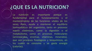 ¿QUE ES LA NUTRICION?
La nutrición es importante porque es
fundamental para el funcionamiento y el
mantenimiento de las funciones vitales de los
seres vivos, ayuda a mantener el equilibrio
homeostático del organismo, tanto en procesos
macro sistémicos, como la digestión o el
metabolismo, como en procesos moleculares
(aminoácidos, enzimas, vitaminas, minerales),
que son procesos fisiológicos y bioquímicos, en
los cuales se consume y se gasta energía
(calorías).
 