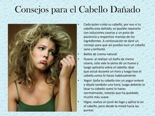Consejos para el Cabello Dañado
               •   Cada quien cuida su cabello, por eso si tu
                   cabello esta dañado, es posible repararlo
                   con soluciones caseras y un poco de
                   paciencia y respectivo manejo de los
                   ingredientes. A continuación te daré un
                   consejo para que así puedas lucir un cabello
                   sano y brillante.
               •   Baños de crema natural.
               •   Huevo: al realizar un baño de crema
                   casera, solo vale la yema de un huevo y
                   luego aplicarla sobre el cabello; deje
                   que actué durante un hora y luego lava el
                   cabello como lo haces habitualmente.
               •   Yogur: baña tu cabello con un yogur entero
                   y déjalo también una hora; luego deberás la
                   lavar tu cabello como lo haces
                   normalmente, notarás que ha quedado
                   mucho más suave.
               •   Higos: realiza un puré de higo y aplica lo en
                   el cabello, pero desde la mitad hacia las
                   puntas.
 