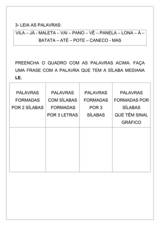 3- LEIA AS PALAVRAS:
VILA – JÁ - MALETA – VAI – PANO – VÊ – PANELA – LONA – À –
BATATA – ATÉ – POTE – CANECO - MAS
PREENCHA O QUADRO COM AS PALAVRAS ACIMA. FAÇA
UMA FRASE COM A PALAVRA QUE TEM A SÍLABA MEDIANA
LE.
PALAVRAS
FORMADAS
POR 2 SÍLABAS
PALAVRAS
COM SÍLABAS
FORMADAS
POR 3 LETRAS
PALAVRAS
FORMADAS
POR 3
SÍLABAS
PALAVRAS
FORMADAS POR
SÍLABAS
QUE TÊM SINAL
GRÁFICO
 
