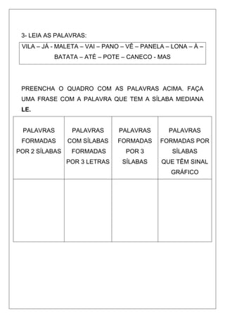 3- LEIA AS PALAVRAS:
VILA – JÁ - MALETA – VAI – PANO – VÊ – PANELA – LONA – À –
BATATA – ATÉ – POTE – CANECO - MAS
PREENCHA O QUADRO COM AS PALAVRAS ACIMA. FAÇA
UMA FRASE COM A PALAVRA QUE TEM A SÍLABA MEDIANA
LE.
PALAVRAS
FORMADAS
POR 2 SÍLABAS
PALAVRAS
COM SÍLABAS
FORMADAS
POR 3 LETRAS
PALAVRAS
FORMADAS
POR 3
SÍLABAS
PALAVRAS
FORMADAS POR
SÍLABAS
QUE TÊM SINAL
GRÁFICO
 