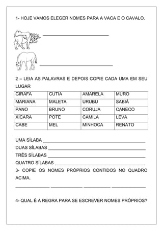1- HOJE VAMOS ELEGER NOMES PARA A VACA E O CAVALO.
___________________________
______________________________
2 – LEIA AS PALAVRAS E DEPOIS COPIE CADA UMA EM SEU
LUGAR
GIRAFA CUTIA AMARELA MURO
MARIANA MALETA URUBU SABIÁ
PANO BRUNO CORUJA CANECO
XÍCARA POTE CAMILA LEVA
CABE MEL MINHOCA RENATO
UMA SÍLABA __________________________________________
DUAS SÍLABAS ________________________________________
TRÊS SÍLABAS ________________________________________
QUATRO SÍLABAS _____________________________________
3- COPIE OS NOMES PRÓPRIOS CONTIDOS NO QUADRO
ACIMA.
______________ _____________ ___________ ______________
4- QUAL É A REGRA PARA SE ESCREVER NOMES PRÓPRIOS?
 