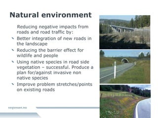 Natural environment Reducing negative impacts from roads and road traffic by: Better integration of new roads in the landscape Reducing the barrier effect for wildlife and people Using native species in road side vegetation – successful. Produce a plan for/against invasive non native species Improve problem stretches/points on existing roads 