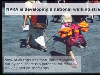 50% of all trips less than 1km are carried out by car. There is a potential for more walking and on short trips NPRA is developing a national walking strategy   