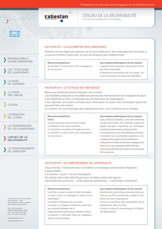 Prestataire de services technologiques en e-marketing direct



                                                                             L’ENJEU DE LA DÉLIVRABILITÉ
                                                                             Les bonnes pratiques de l’e-mailing




                                FACTEUR N°3 : LA VOLUMÉTRIE DES CAMPAGNES
                                Certains envois légitimes peuvent se trouver bloqués si les messages sont envoyés à
                                un grand nombre d’abonnés, en peu de temps et peu fréquemment.
INTRODUCTION À
L’E-MAIL MARKETING
                                  Recommandations                                           Les moyens techniques mis en oeuvre
                                  > contrôler le volume de votre message et                 > gestion des capacités maximales d’envoi
LES TYPOLOGIES                    de vos envois.                                            par FAI et webmails
DE CAMPAGNES                                                                                > régulation automatique de vos envois : vo-
                                                                                            lume et créneaux horaires paramétrables

LA BASE
DE DONNÉES
                                FACTEUR N°4 : LE FILTRAGE DES MESSAGES
LE CHOIX                        Beaucoup de ﬁltres peuvent bloquer vos e-mails :
DES CIBLES                      > les blacklists publiques qui recueillent les plaintes des internautes lors de la réception de spam
                                > les blacklists privées constituées par les domaines de messagerie
                                > les logiciels anti-spam utilisés pour distinguer le spam des messages légitimes
L’E-MAIL                        peuvent être très stricts
                                Le contenu de vos messages peut également avoir une incidence sur le ﬁltrage.

L’EXPÉDITION
                                  Recommandations                                           Les moyens techniques mis en oeuvre
DE L’E-MAIL
                                  Éviter :                                                  > pro-activité de Cabestan au sein des institutions
                                  > la ponctuation abusive dans l’objet                     et acteurs du marché : FAI, webmails, éditeurs de
LA PERFORMANCE                    > l’utilisation de mots connotés                          logiciel anti-spam, organismes de certiﬁcation,
DE VOS CAMPAGNES                  > l’utilisation excessive d’images lourdes                syndicats et associations professionnelles
                                  > contrôler le volume de votre message et                 > monitoring permanent des blacklists publiques
                                  de vos envois                                             > inscription sur les whitelists existantes et con-
L’ENJEU DE LA
DÉLIVRABILITÉ                                                                               naissance des programmes de certiﬁcation
                                                                                            > déploiement d’outils de test des messages avant
                                                                                            envoi et lors des campagnes (eMail Advisor)
LE POSITIONNEMENT                                                                           > reporting spéciﬁque permettant une analyse par
DE CABESTAN                                                                                 FAI ou webmail




                                FACTEUR N°5 : LE COMPORTEMENT DE L’INTERNAUTE
                                Trop sollicité, l’internaute peut considérer un message comme étant illégitime.
                                Il peut utiliser :
                                > le bouton “spam” de sa messagerie
                                Ou utiliser des outils spéciﬁques pour se débarrasser des spams :
                                > les blacklists publiques > des logiciels spéciﬁques > le ﬁltrage collaboratif


                                  Recommandations                                           Les moyens techniques mis en oeuvre
                                  > vériﬁer si vous touchez la cible intéressée             > traitement automatique des plaintes four-
                                  > inclure dans le message la raison de la                 nies par les FAI et webmails couplé à l’utili-
Ce document est la propriété      sollicitation                                             sation de listes repoussoirs
de Cabestan. Toute
reproduction, même partielle,     > contrôler la fréquence de vos envois                    > mise en évidence des possibilités de se
est strictement interdite.
                                  > envoyer un message de bienvenue après cha-              désabonner dans l’e-mail
4-6 rue Gambetta                  que collecte d’adresses opt-in                            > mise en place d’une stratégie de Dedica-
93583 Saint-Ouen Cedex
Tél. : 01 49 21 95 00             > objet clair de l’e-mail montrant l’intérêt du contenu   ted Marketing®
Fax : 01 49 21 94 36
                                  > proposer à l’internaute l’ajout de l’expéditeur
info@cabestan.com                 dans le carnet d’adresse
www.cabestan.com
 