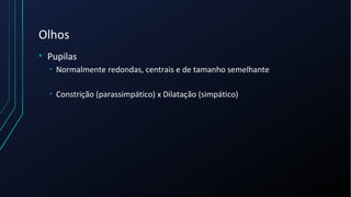 Olhos
• Pupilas
• Normalmente redondas, centrais e de tamanho semelhante
• Constrição (parassimpático) x Dilatação (simpático)
 