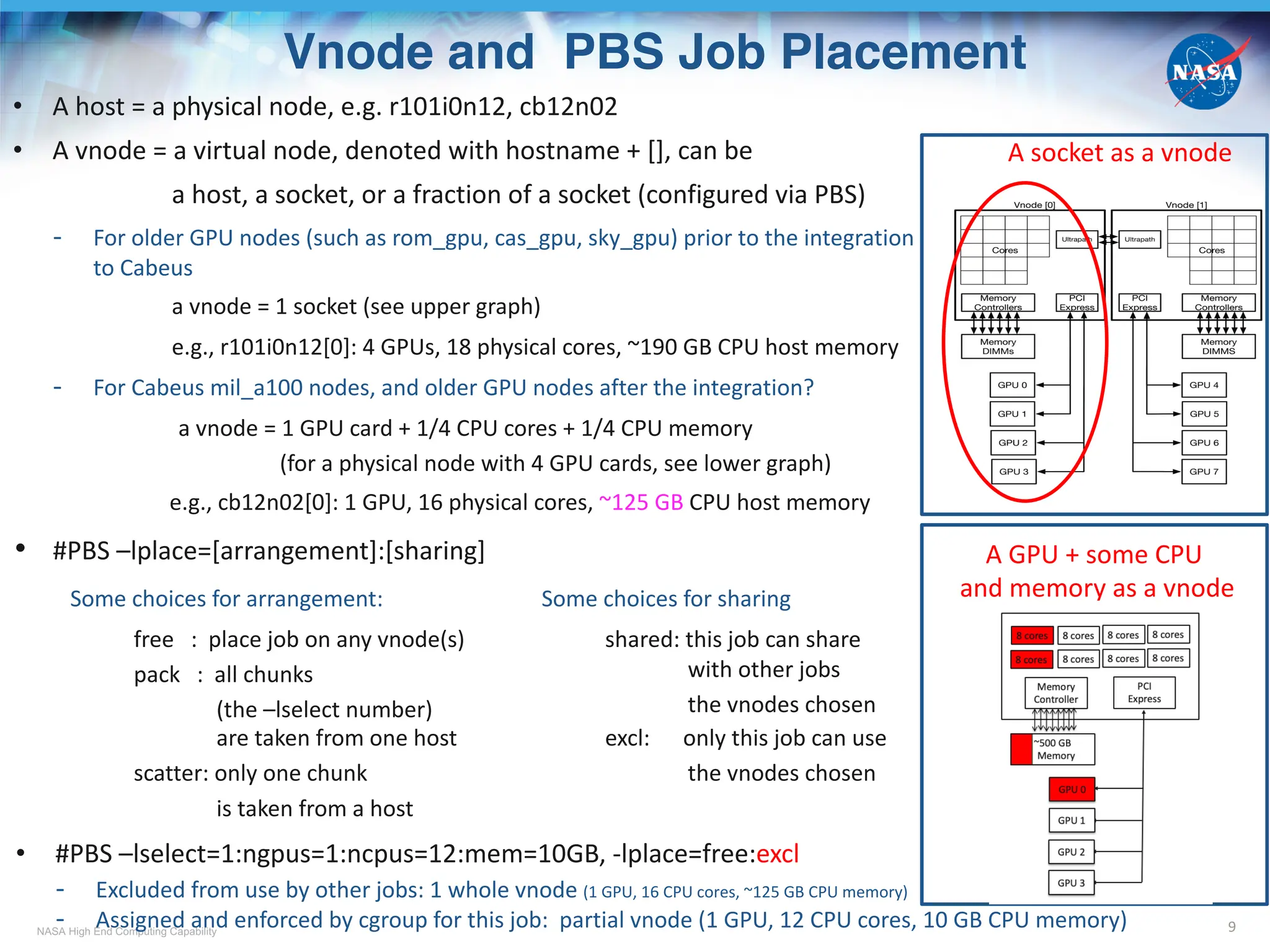 NASA High End Computing Capability
Vnode and PBS Job Placement
9
• A host = a physical node, e.g. r101i0n12, cb12n02
• A vnode = a virtual node, denoted with hostname + [], can be
a host, a socket, or a fraction of a socket (configured via PBS)
- For older GPU nodes (such as rom_gpu, cas_gpu, sky_gpu) prior to the integration
to Cabeus
a vnode = 1 socket (see upper graph)
e.g., r101i0n12[0]: 4 GPUs, 18 physical cores, ~190 GB CPU host memory
- For Cabeus mil_a100 nodes, and older GPU nodes after the integration?
a vnode = 1 GPU card + 1/4 CPU cores + 1/4 CPU memory
(for a physical node with 4 GPU cards, see lower graph)
e.g., cb12n02[0]: 1 GPU, 16 physical cores, ~125 GB CPU host memory
• #PBS –lplace=[arrangement]:[sharing]
A socket as a vnode
A GPU + some CPU
and memory as a vnode
Some choices for arrangement:
free : place job on any vnode(s)
pack : all chunks
(the –lselect number)
are taken from one host
scatter: only one chunk
is taken from a host
Some choices for sharing
shared: this job can share
with other jobs
the vnodes chosen
excl: only this job can use
the vnodes chosen
• #PBS –lselect=1:ngpus=1:ncpus=12:mem=10GB, -lplace=free:excl
- Excluded from use by other jobs: 1 whole vnode (1 GPU, 16 CPU cores, ~125 GB CPU memory)
- Assigned and enforced by cgroup for this job: partial vnode (1 GPU, 12 CPU cores, 10 GB CPU memory)
 