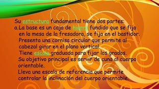 Su estructura fundamental tiene dos partes:
a.La base es un caja de hierro fundido que se fija
en la mesa de la fresadora, se fija en el bastidor.
Presenta una cornisa circular que permite al
cabezal girar en el plano vertical.
Tiene escala graduada para fijar los grados.
Su objetivo principal es servir de cuna al cuerpo
orientable.
Lleva una escala de referencia que permite
controlar la inclinación del cuerpo orientable.
 