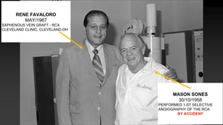 RENE FAVALORO
MAY/1967
SAPHENOUS VEIN GRAFT - RCA
CLEVELAND CLINIC, CLEVELAND,OH
MASON SONES
30/10/1958
PERFORMED 1-ST SELECTIVE
ANGIOGRAPHY OF THE RCA
BY ACCIDENT
 