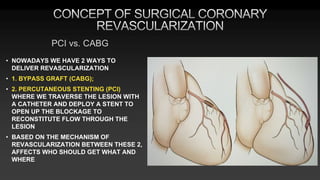 • NOWADAYS WE HAVE 2 WAYS TO
DELIVER REVASCULARIZATION
• 1. BYPASS GRAFT (CABG);
• 2. PERCUTANEOUS STENTING (PCI)
WHERE WE TRAVERSE THE LESION WITH
A CATHETER AND DEPLOY A STENT TO
OPEN UP THE BLOCKAGE TO
RECONSTITUTE FLOW THROUGH THE
LESION
• BASED ON THE MECHANISM OF
REVASCULARIZATION BETWEEN THESE 2,
AFFECTS WHO SHOULD GET WHAT AND
WHERE
PCI vs. CABG
 